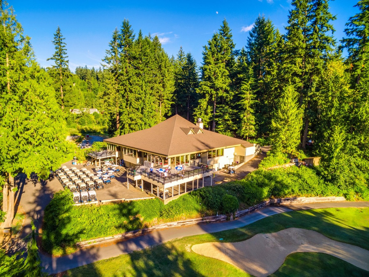 Aerial view of the Glenhaven clubhouse at golden hour