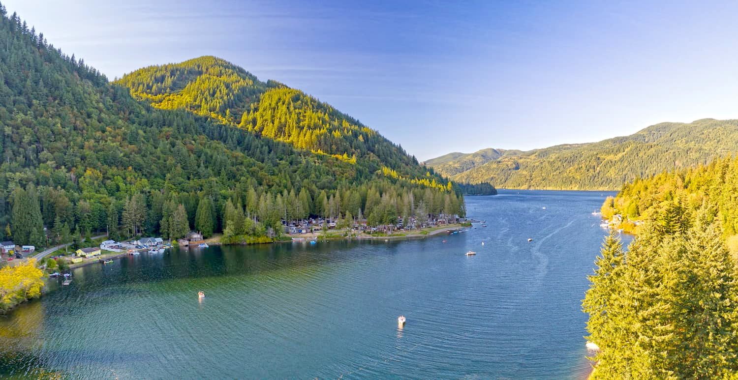 Sweeping aerial view over the Lake Whatcom valley from height